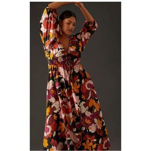 Anthropologie Maeve Fall Floral Long Midi 3/4 Puff Sleeve Dress US 18W